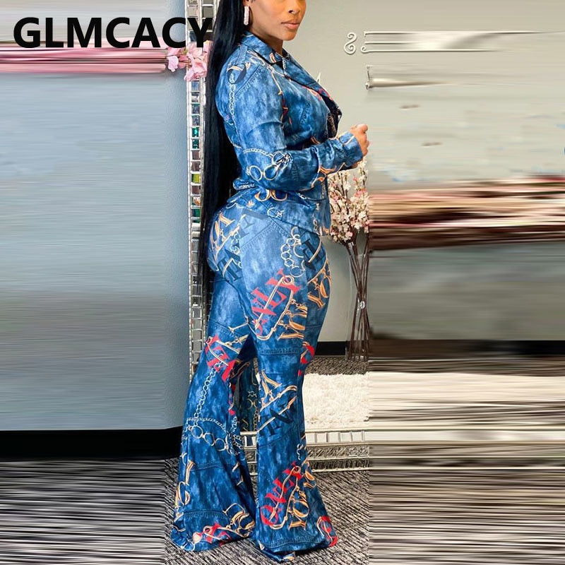 Women Two Piece Chic Chain Printed Work Suits Long Sleeve Double Breasted Blazer & Slim Flare Pants Set
