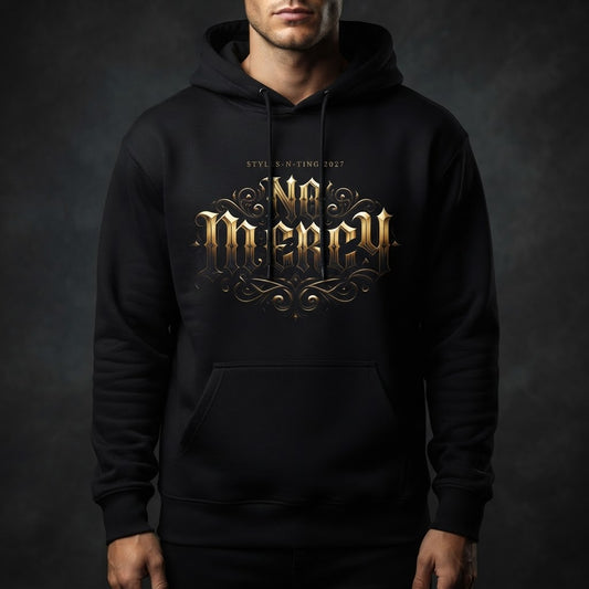 NO MERCY Heavyweight Hoodie — luxury studio mockup