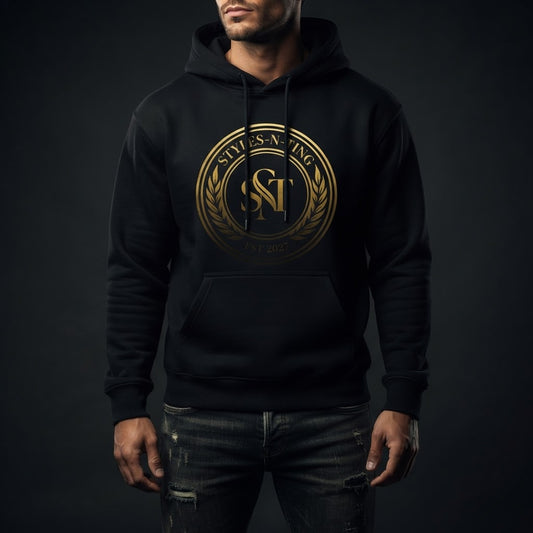 STYLES-N-TING EST. 2027 Emblem Hoodie — luxury studio mockup