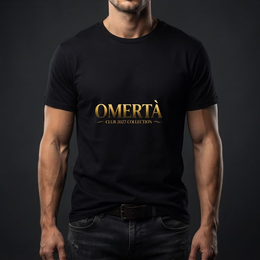 OMERTÀ Club 2027 Tee — luxury studio mockup