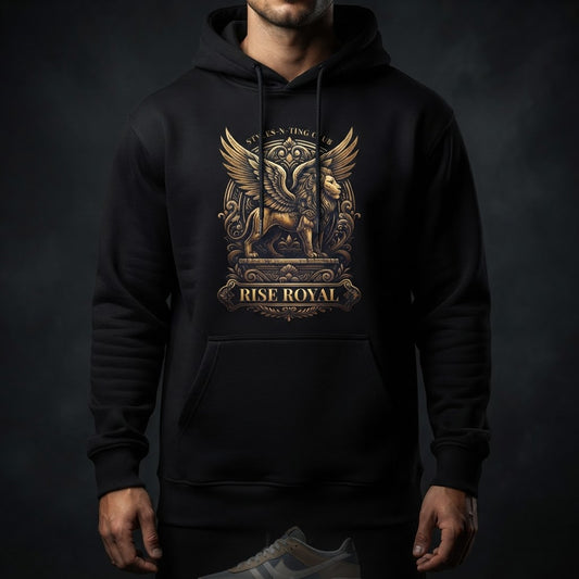 RISE ROYAL Heavyweight Hoodie — luxury studio mockup