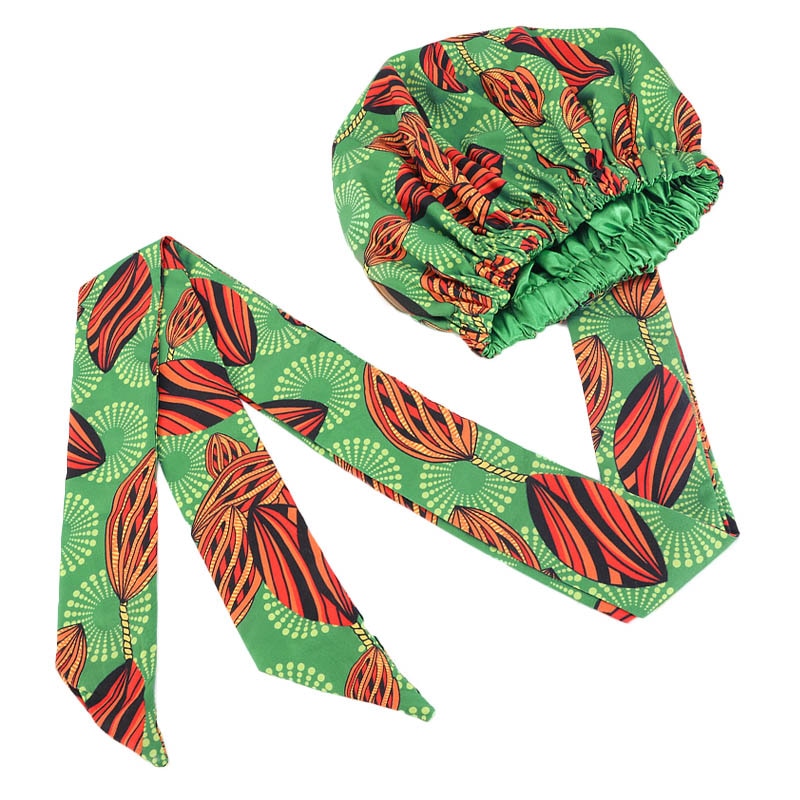 New African Print Satin Bonnet Headwrap in Women's Hair with Long Ribbon Wrap Double Layer Headwrap Ankara Hair Wrap Accessories