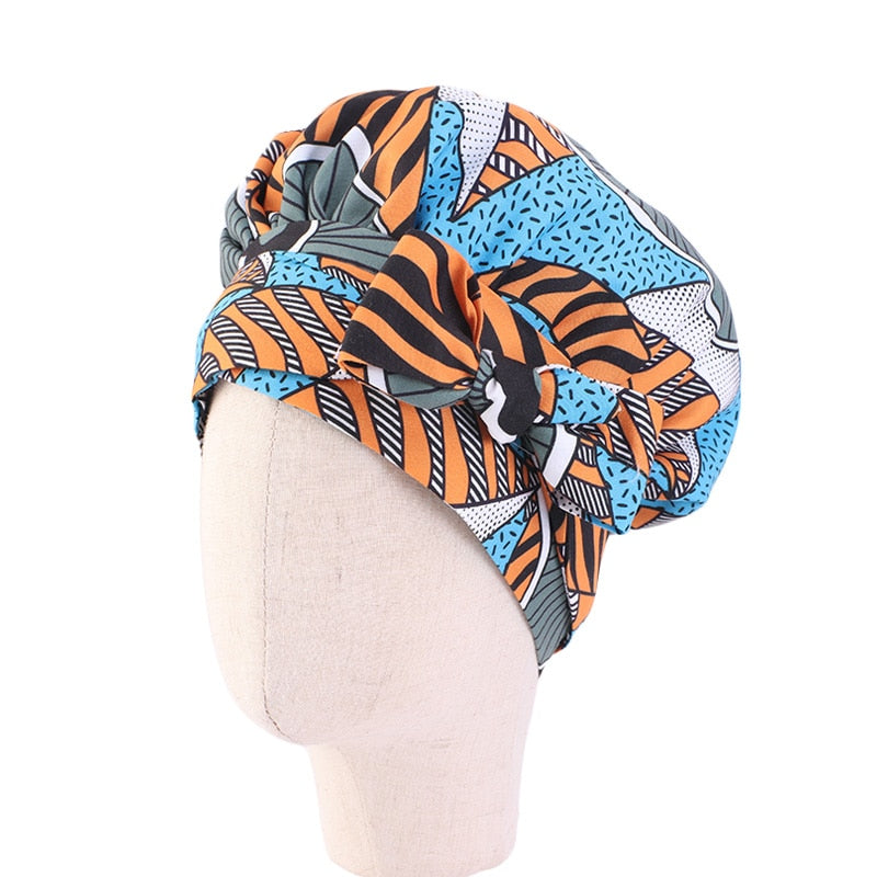 New African Print Satin Bonnet Headwrap in Women's Hair with Long Ribbon Wrap Double Layer Headwrap Ankara Hair Wrap Accessories