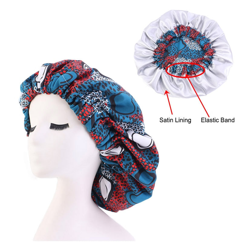 New African Print Satin Bonnet Headwrap in Women's Hair with Long Ribbon Wrap Double Layer Headwrap Ankara Hair Wrap Accessories