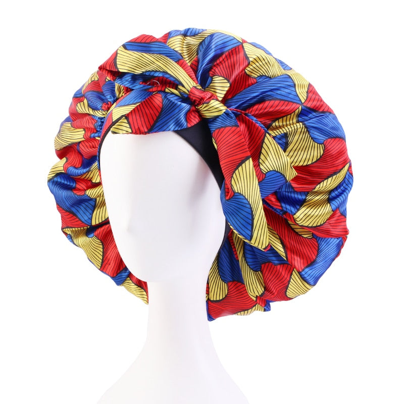 New African Print Satin Bonnet Headwrap in Women's Hair with Long Ribbon Wrap Double Layer Headwrap Ankara Hair Wrap Accessories