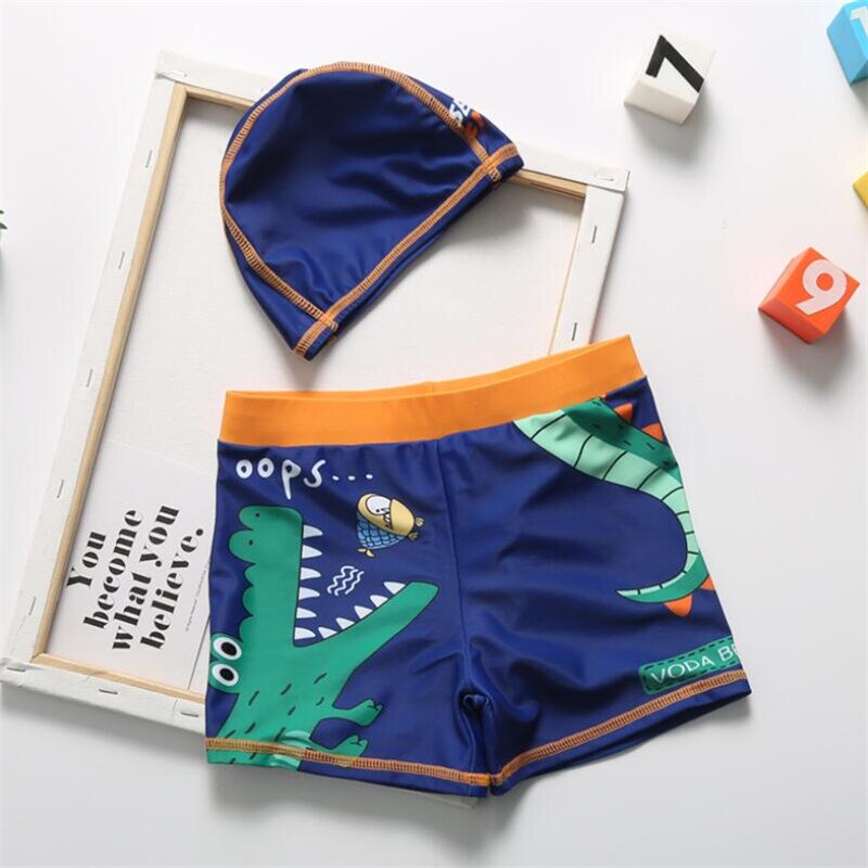 2021 Summer Boy Swimwear 3-12T Children Cartoon Diansour Print Swimming Trunk with Hat Swim Shorts Toddler Boy Swimsuit