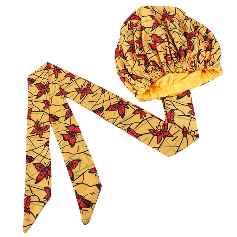 New African Print Satin Bonnet Headwrap in Women's Hair with Long Ribbon Wrap Double Layer Headwrap Ankara Hair Wrap Accessories