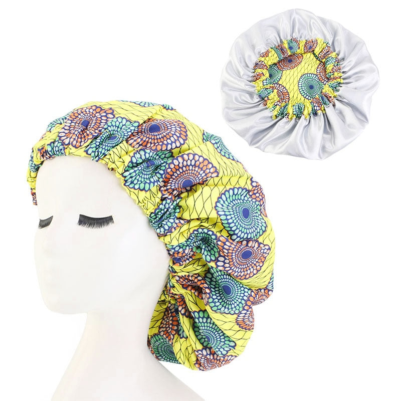 New African Print Satin Bonnet Headwrap in Women's Hair with Long Ribbon Wrap Double Layer Headwrap Ankara Hair Wrap Accessories