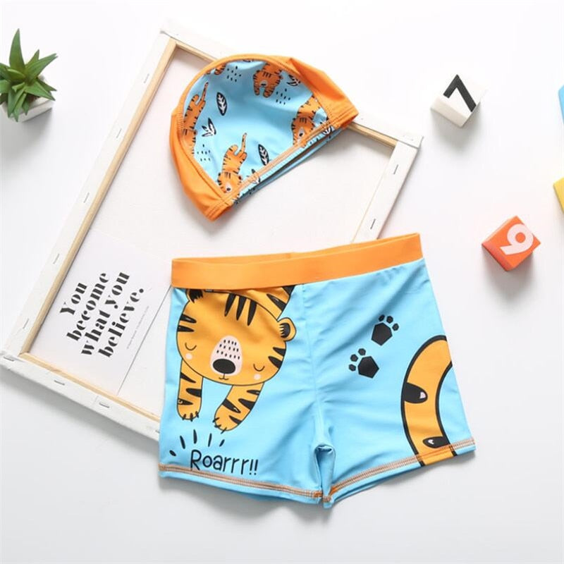 2021 Summer Boy Swimwear 3-12T Children Cartoon Diansour Print Swimming Trunk with Hat Swim Shorts Toddler Boy Swimsuit