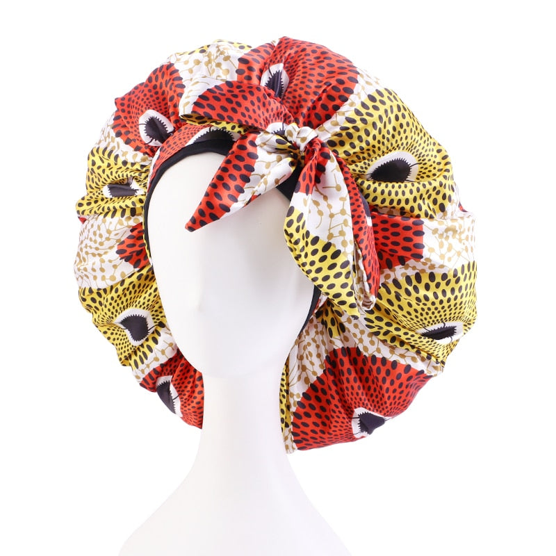 New African Print Satin Bonnet Headwrap in Women's Hair with Long Ribbon Wrap Double Layer Headwrap Ankara Hair Wrap Accessories