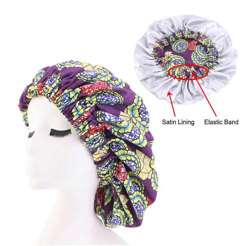 New African Print Satin Bonnet Headwrap in Women's Hair with Long Ribbon Wrap Double Layer Headwrap Ankara Hair Wrap Accessories