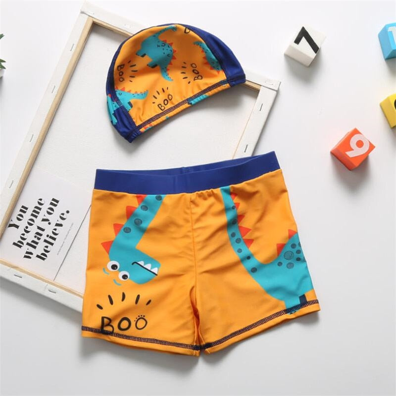 2021 Summer Boy Swimwear 3-12T Children Cartoon Diansour Print Swimming Trunk with Hat Swim Shorts Toddler Boy Swimsuit