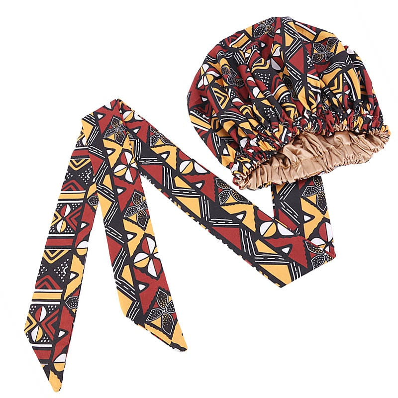 New African Print Satin Bonnet Headwrap in Women's Hair with Long Ribbon Wrap Double Layer Headwrap Ankara Hair Wrap Accessories