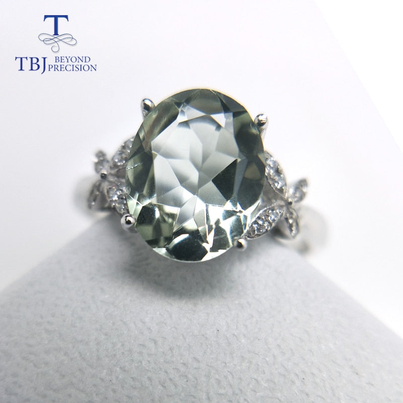 TBJ, 100% natural green amethyst quartz  gemstone ring  925 sterling silver fine jewelry for girls birthday party nice gift