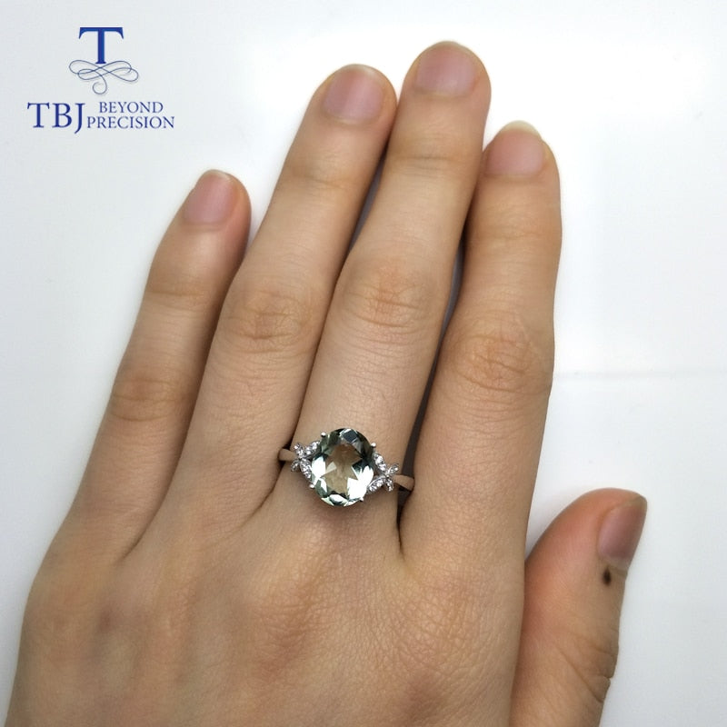 TBJ, 100% natural green amethyst quartz  gemstone ring  925 sterling silver fine jewelry for girls birthday party nice gift