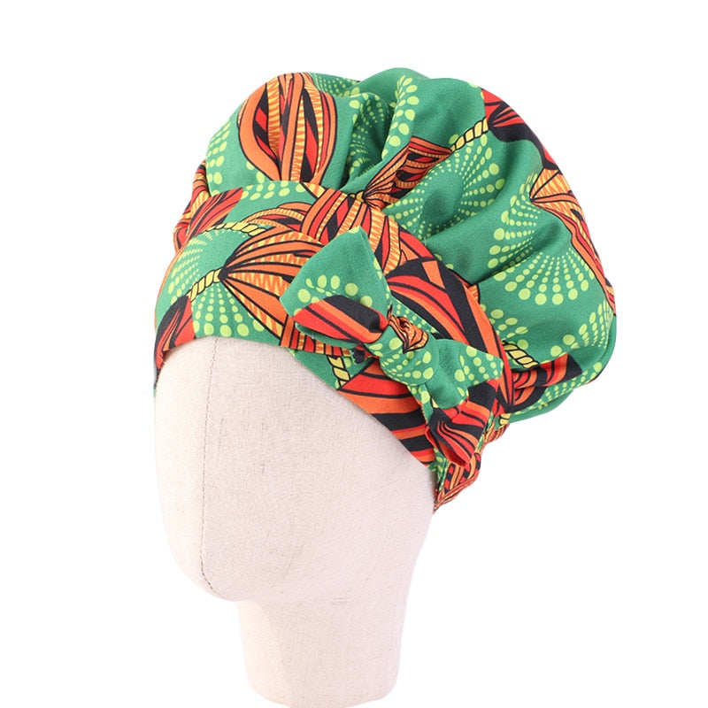 New African Print Satin Bonnet Headwrap in Women's Hair with Long Ribbon Wrap Double Layer Headwrap Ankara Hair Wrap Accessories