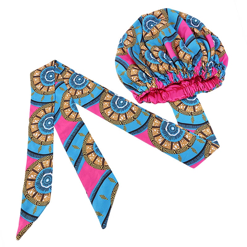 New African Print Satin Bonnet Headwrap in Women's Hair with Long Ribbon Wrap Double Layer Headwrap Ankara Hair Wrap Accessories