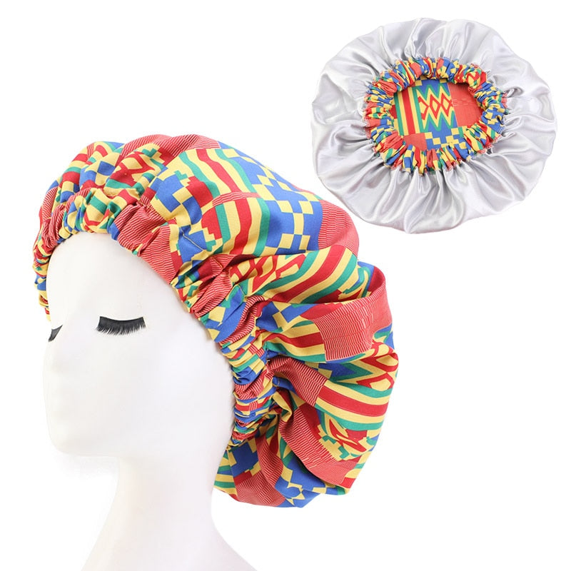 New African Print Satin Bonnet Headwrap in Women's Hair with Long Ribbon Wrap Double Layer Headwrap Ankara Hair Wrap Accessories