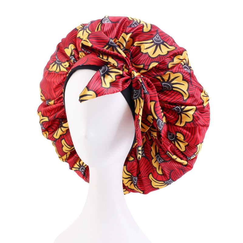 New African Print Satin Bonnet Headwrap in Women's Hair with Long Ribbon Wrap Double Layer Headwrap Ankara Hair Wrap Accessories