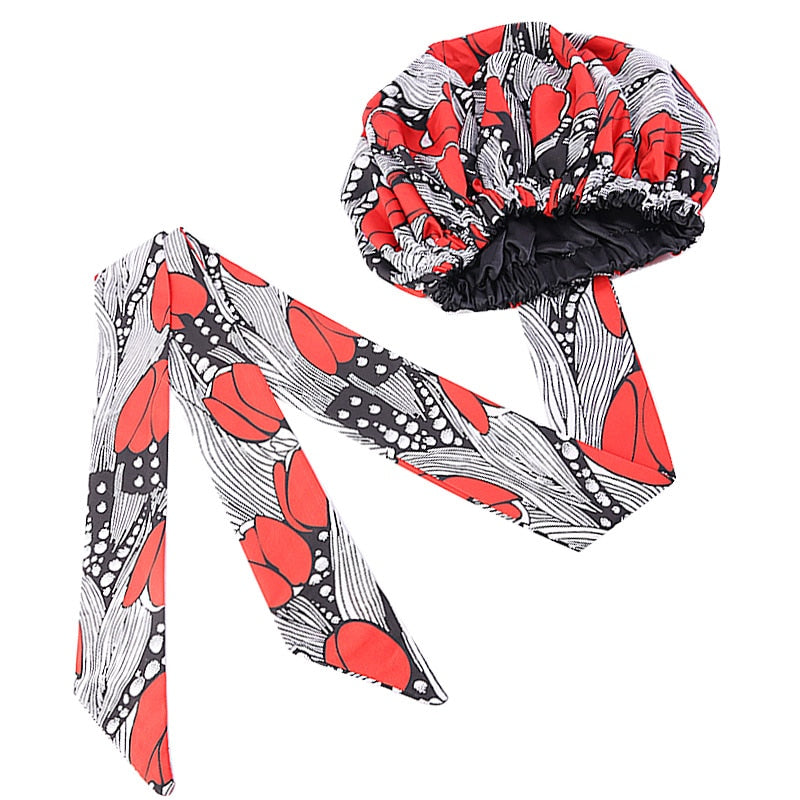 New African Print Satin Bonnet Headwrap in Women's Hair with Long Ribbon Wrap Double Layer Headwrap Ankara Hair Wrap Accessories