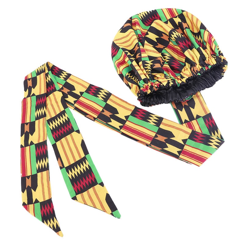 New African Print Satin Bonnet Headwrap in Women's Hair with Long Ribbon Wrap Double Layer Headwrap Ankara Hair Wrap Accessories