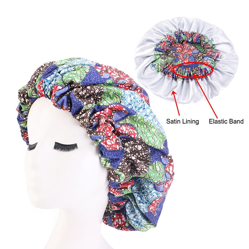 New African Print Satin Bonnet Headwrap in Women's Hair with Long Ribbon Wrap Double Layer Headwrap Ankara Hair Wrap Accessories