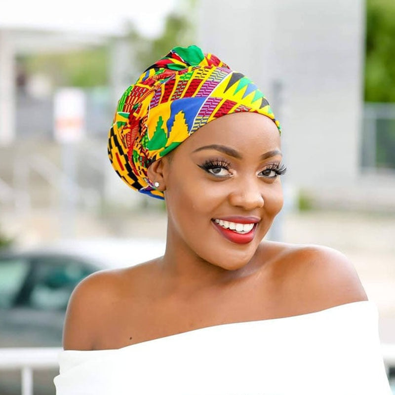 New African Print Satin Bonnet Headwrap in Women's Hair with Long Ribbon Wrap Double Layer Headwrap Ankara Hair Wrap Accessories