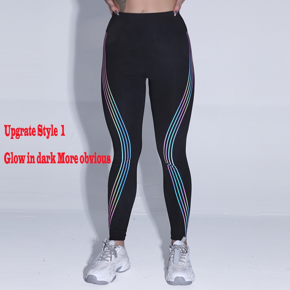 Women's Casual Slim Iridescent Reflective Material Printed Fitness Leggings Slim Stretch Elastic Glow in Dark Pants Trousers