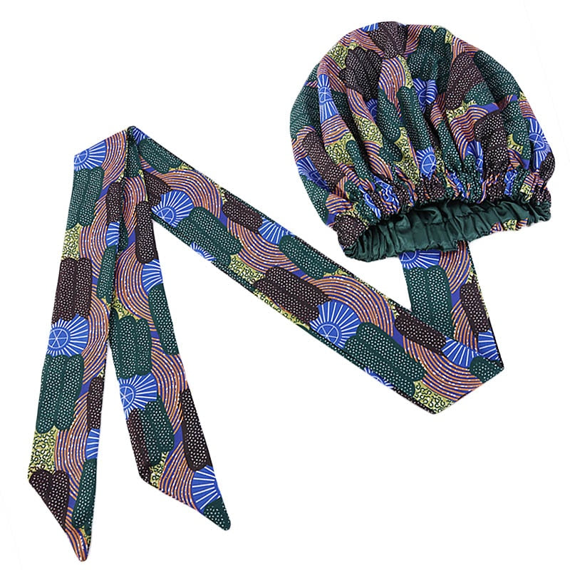 New African Print Satin Bonnet Headwrap in Women's Hair with Long Ribbon Wrap Double Layer Headwrap Ankara Hair Wrap Accessories