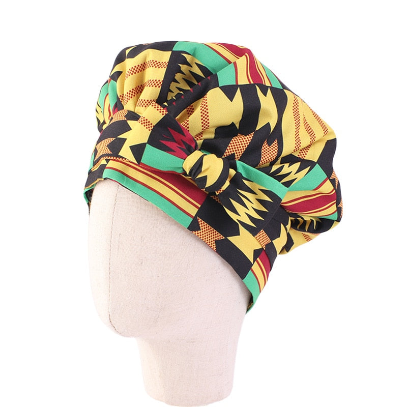 New African Print Satin Bonnet Headwrap in Women's Hair with Long Ribbon Wrap Double Layer Headwrap Ankara Hair Wrap Accessories