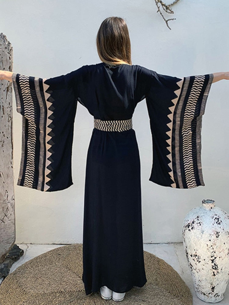 FORERUN Bikini Cover Up Bohemian Beach Kimonos for Women Fashion Elegant Geometric Black Wrap Dresses Beachwear Swimsuit