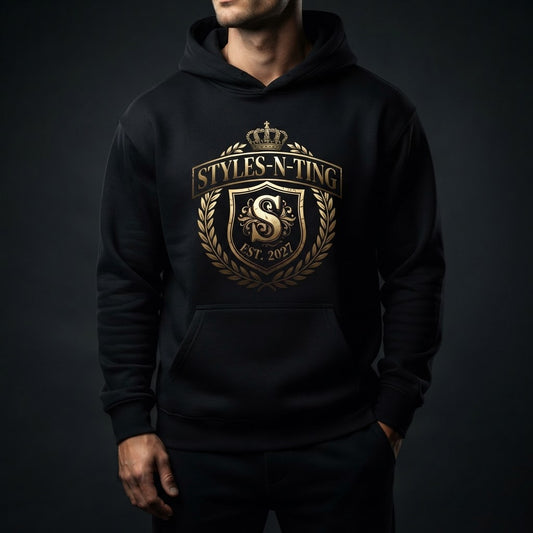 STYLES-N-TING Varsity Crest Hoodie — luxury studio mockup