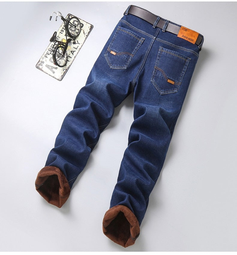 2022 Brand Autumn Winter Warm Flocking Denim Soft  Man Activities Fleece Line Men Jeans Black Blue Grey Colors