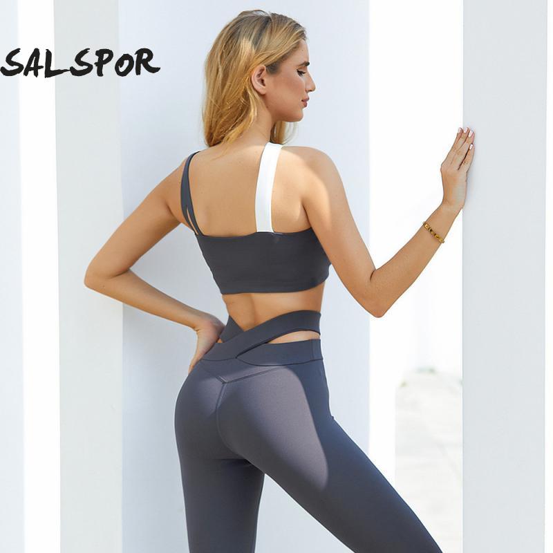 SALSPOR Patchwork Two Piece Suit Women Cross Bra Yoga Set Sexy Leggings Sports Suit Fitness Women Tracksuit Women Gym Clothing