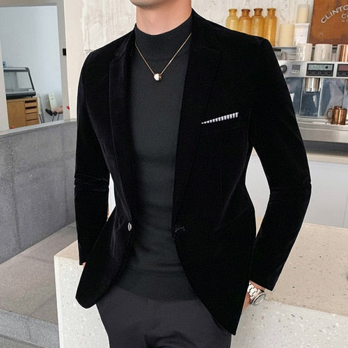 Fall Winter Gold Velvet Blazer High Quality Slim Fit Suit Jacket Fashion Casual Men Groom Singer Costume Formal Evening Dress