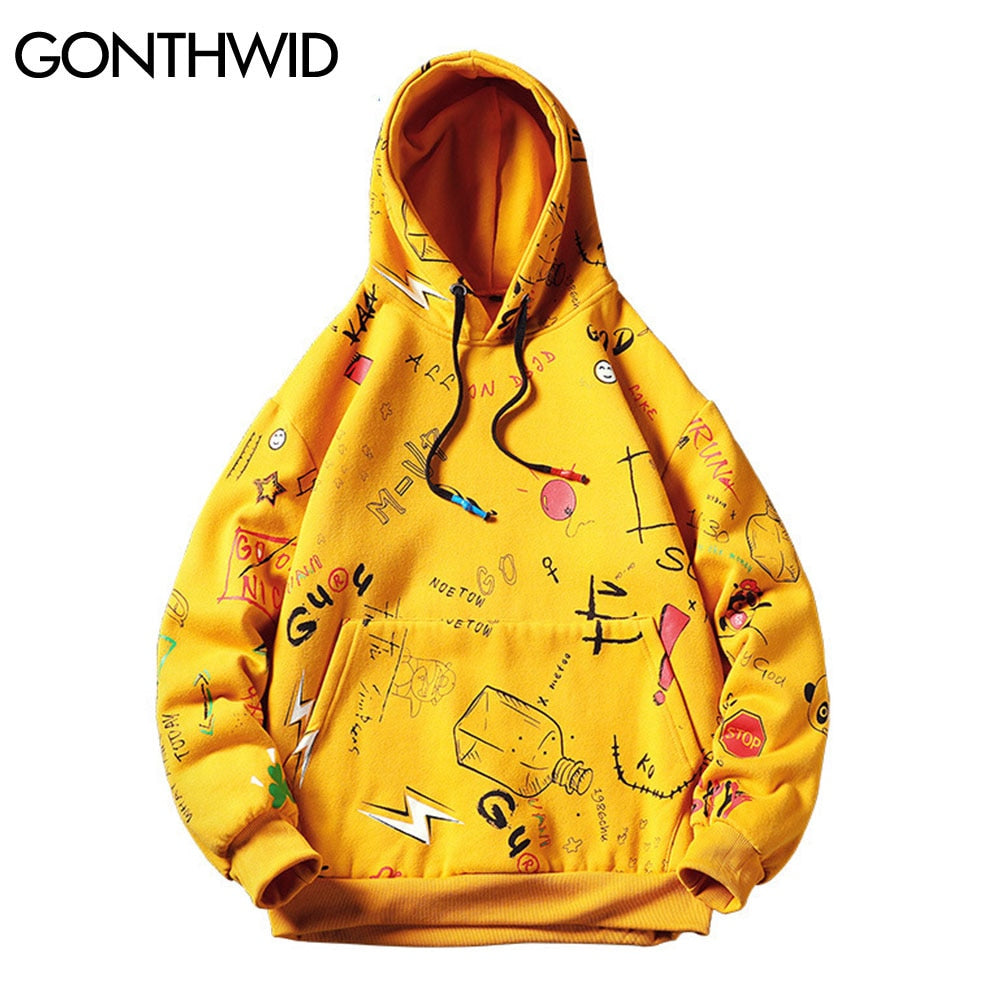 GONTHWID Japanese Anime Graffiti Print Hooded