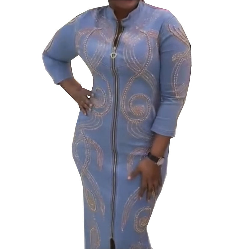 Denim African Dresses for Women 2022 Dashiki Diamond Plus Size African Clothes Long Sleeve Evening Party Dress Abaya Boubou Robe