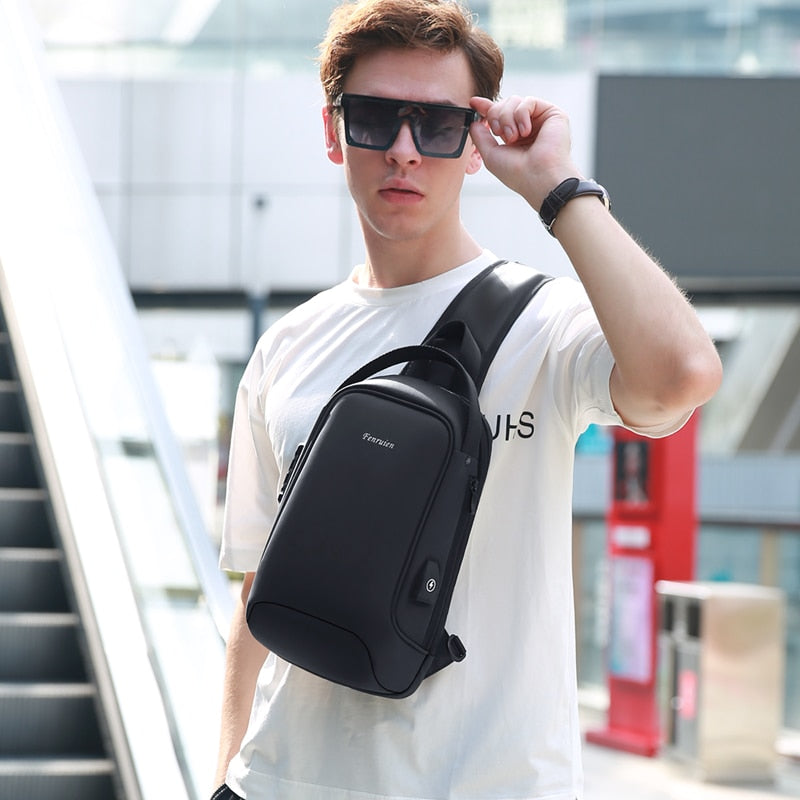 Fenruien Men Shoulder Bag for 9.7&quot; iPad USB Charging Chest Bag Short Trip Water Repellent Crossbody Bag Black 2020 New