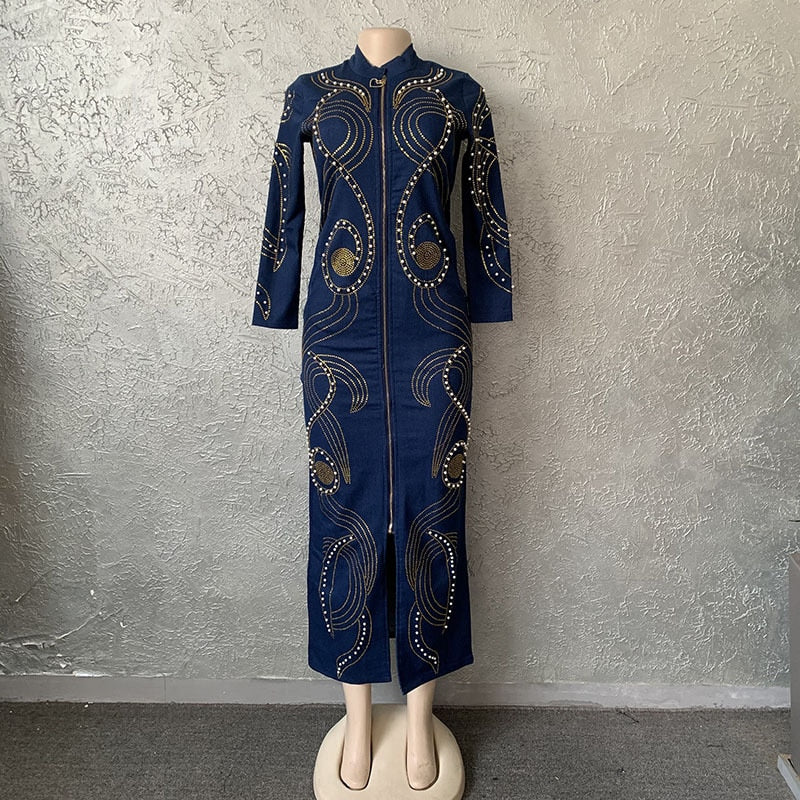 Denim African Dresses for Women 2022 Dashiki Diamond Plus Size African Clothes Long Sleeve Evening Party Dress Abaya Boubou Robe