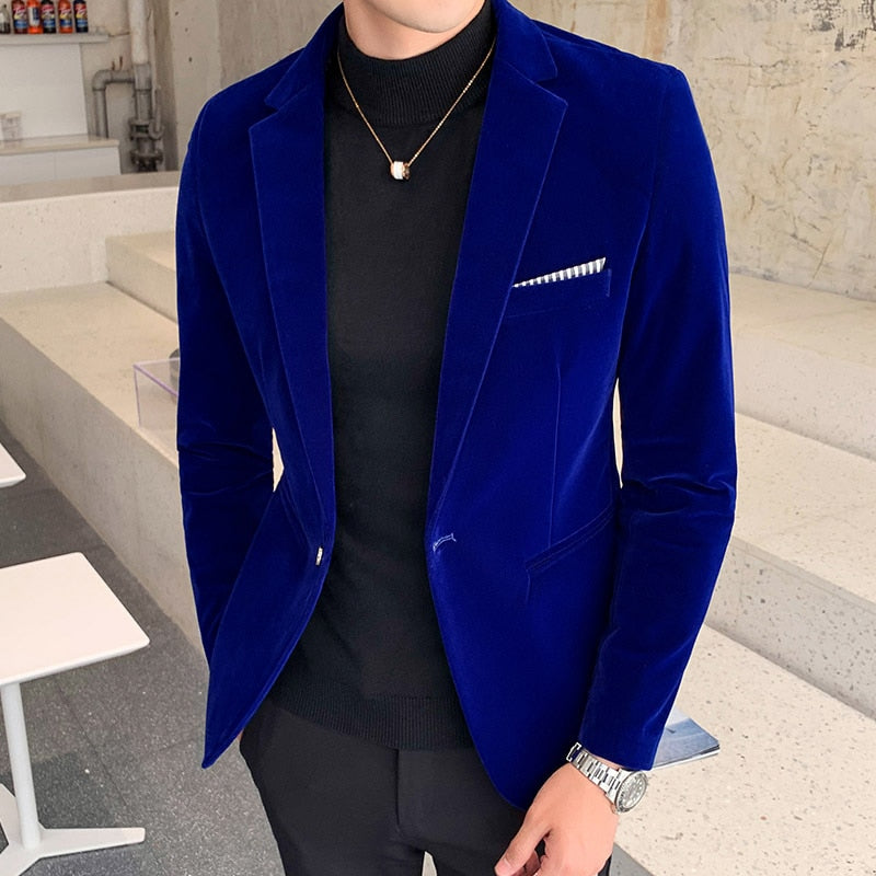 Fall Winter Gold Velvet Blazer High Quality Slim Fit Suit Jacket Fashion Casual Men Groom Singer Costume Formal Evening Dress