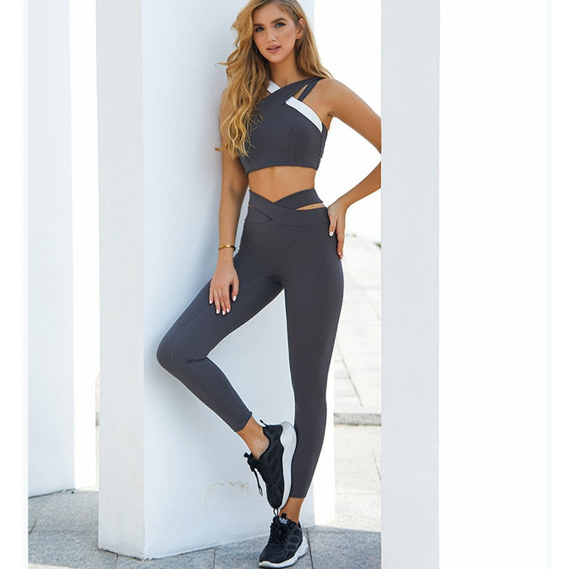 SALSPOR Patchwork Two Piece Suit Women Cross Bra Yoga Set Sexy Leggings Sports Suit Fitness Women Tracksuit Women Gym Clothing