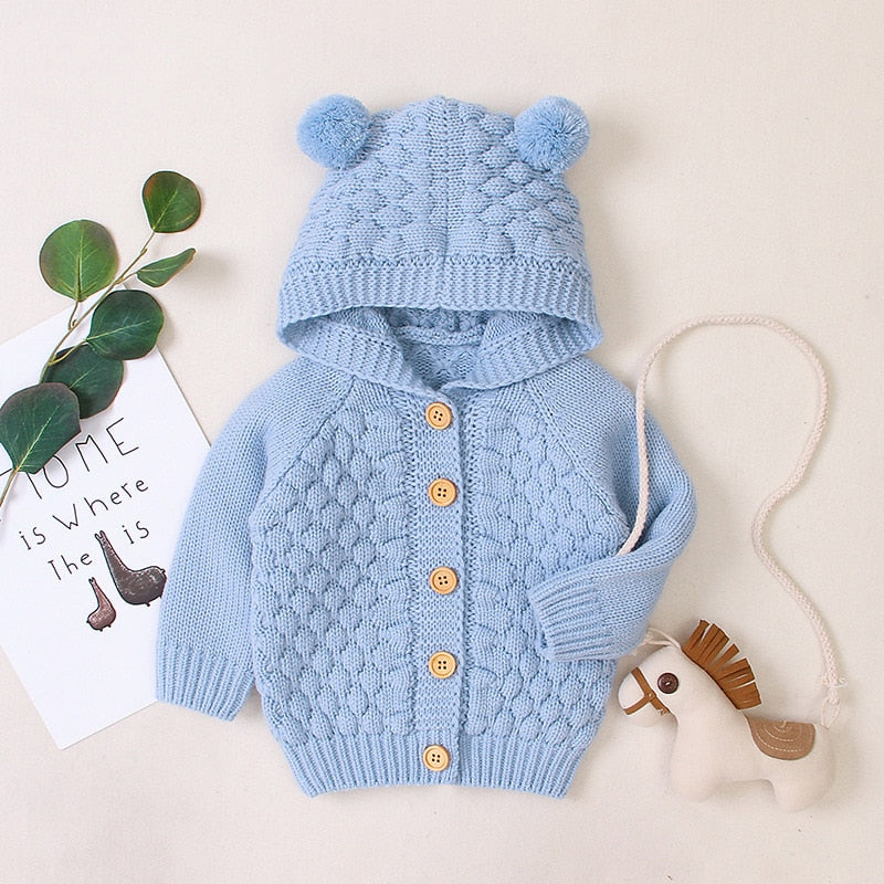 Newborn Infant Baby Girl Boy Cardigan Clothes Winter Jacket Warm Coat Knitted Sweater Hooded Button Outwear