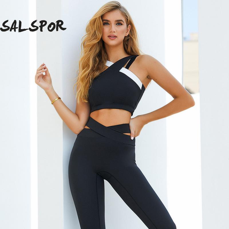 SALSPOR Patchwork Two Piece Suit Women Cross Bra Yoga Set Sexy Leggings Sports Suit Fitness Women Tracksuit Women Gym Clothing