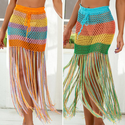 Women's Beach Cover-up Fashion Tunic Bandage Bathing Suits Crocheted Rainbow Print Hollow Out Fringe Bikini Skirt Dress