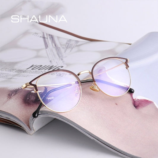 SHAUNA Fashion Anti-Blue Light Metal Cat Eye Glasses Frame Fashion Cat Ear Optical Frames Women