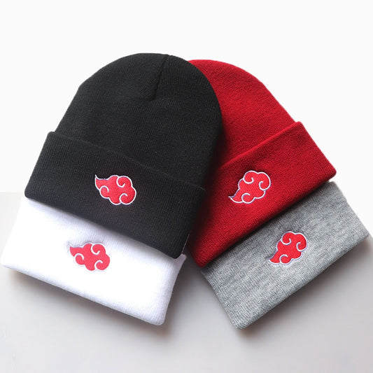 ECOBROS 2021 Beanies Women Autumn Winter Warm Hat Anime Akatsuki Cosplay Red Cloud Embroidery Caps For Men Knitted Bonnet Unisex