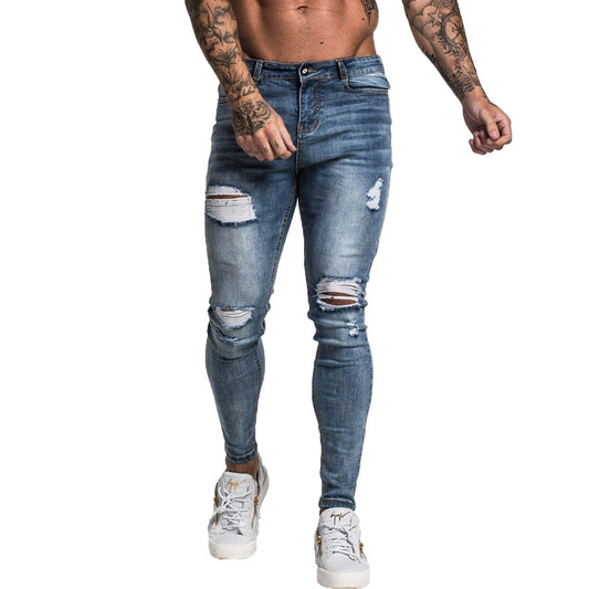 Gingtto Men Jeans Skinny Stretch Repaired Jeans Light Blue Hip Hop Distressed Super Skinny Slim Fit Cotton Comfortable Big Size