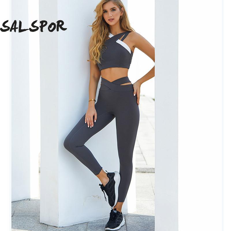 SALSPOR Patchwork Two Piece Suit Women Cross Bra Yoga Set Sexy Leggings Sports Suit Fitness Women Tracksuit Women Gym Clothing