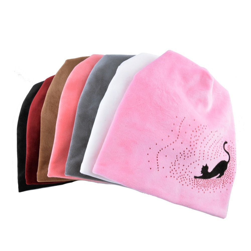 Winter Hat Scarf Sets women's Beanies Knitted wool Skullies Hip Hop cap Rhinestone cat gorros Plus velvet warm hats for women