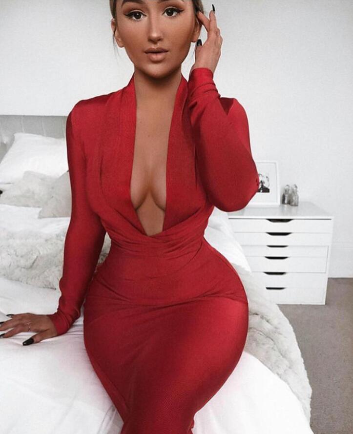 Winter Sexy V Neck Long Sleeve Women Bodycon Bandage Dress 2022 Celebrity Designer Evening Party Dress Vestido